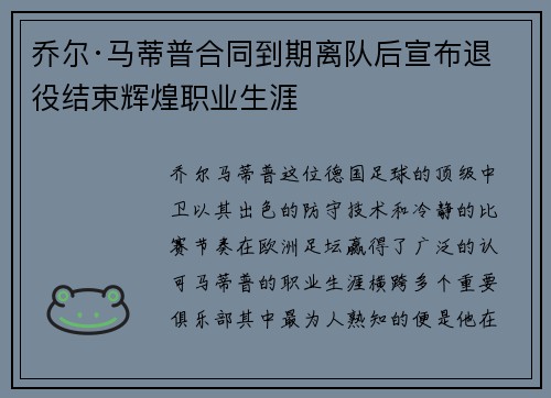 乔尔·马蒂普合同到期离队后宣布退役结束辉煌职业生涯